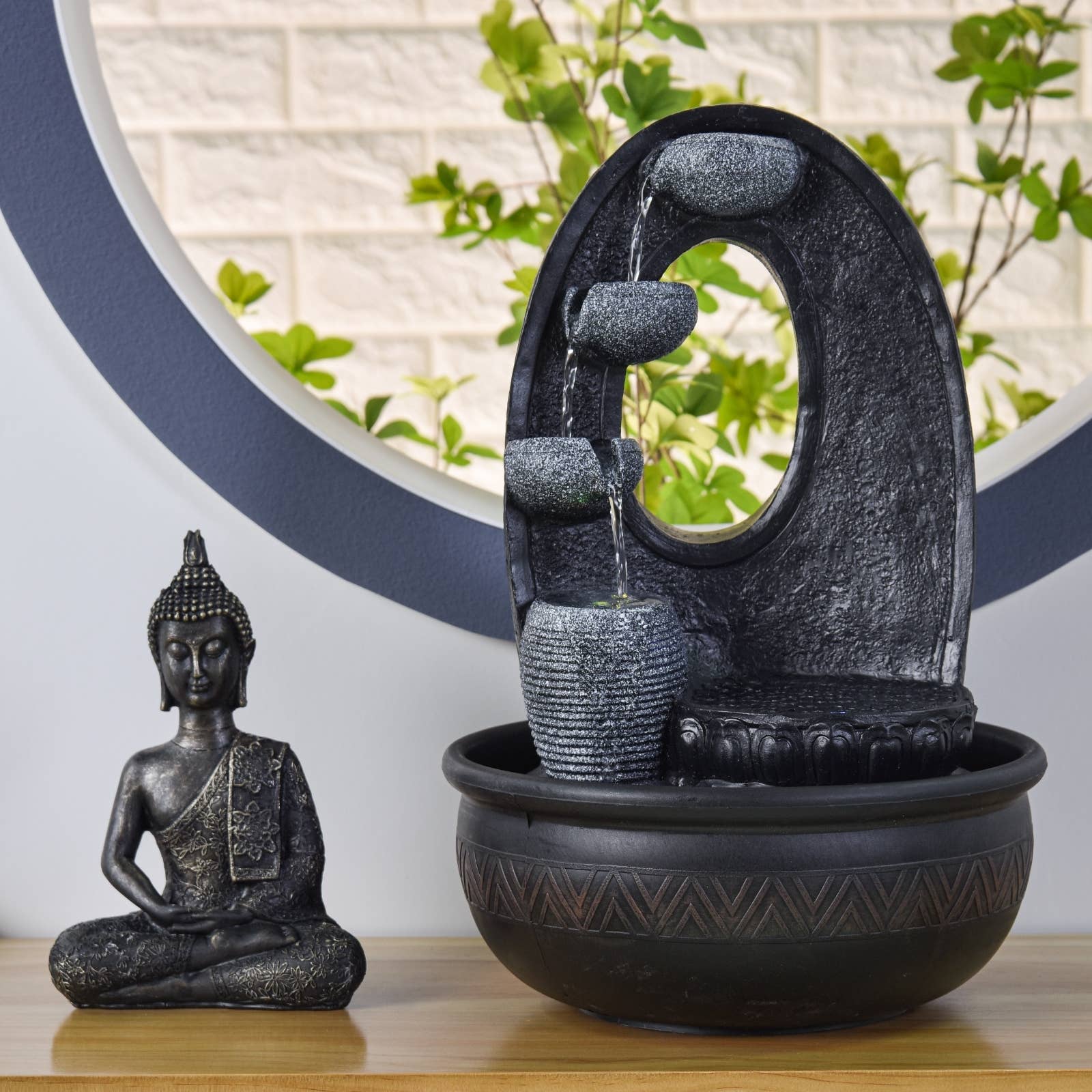 Zen'Arome Buddha-fontän med LED-ljus och lugnande vattenfall