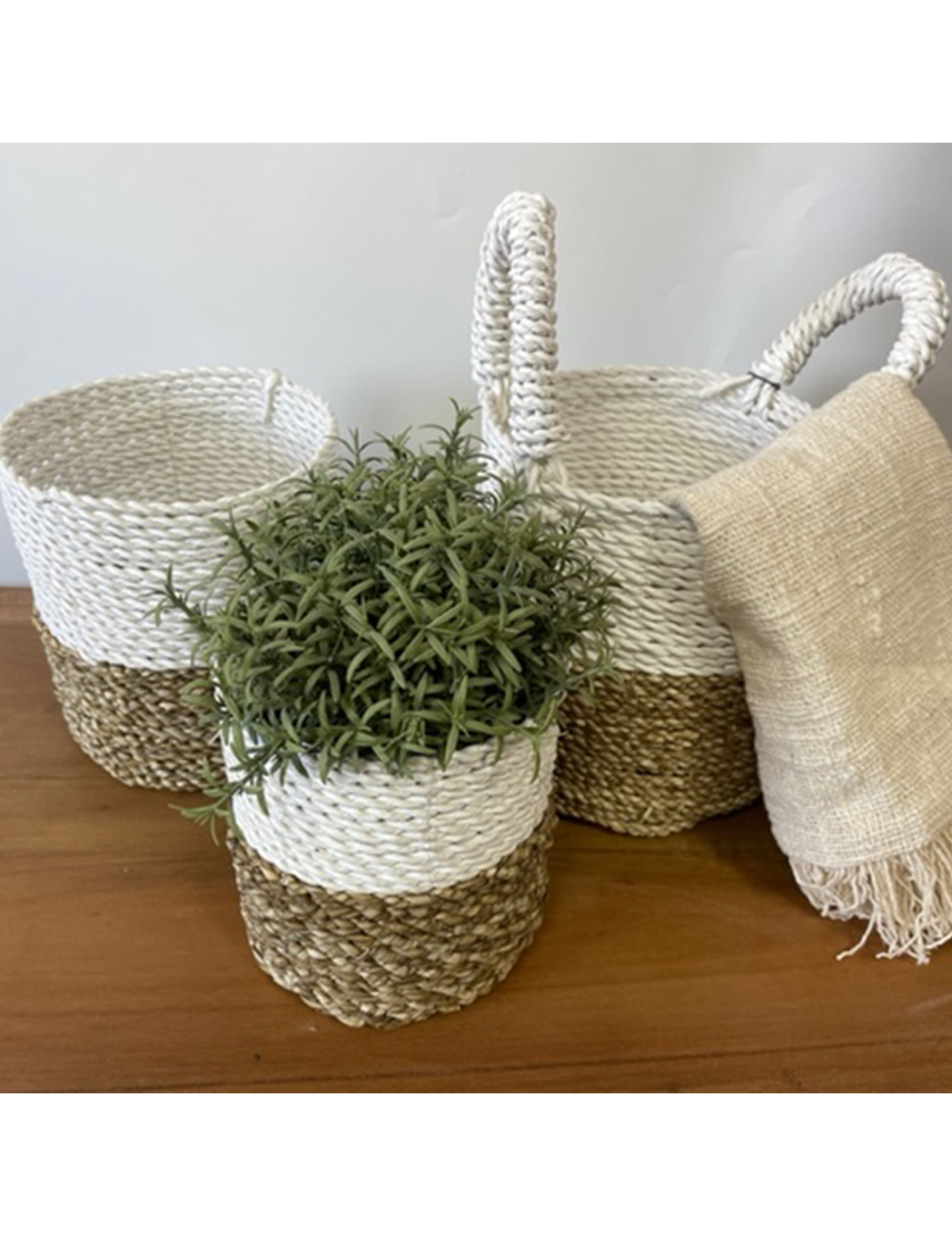 Korg av sjögräs – Natur/Vit (Set om 3)