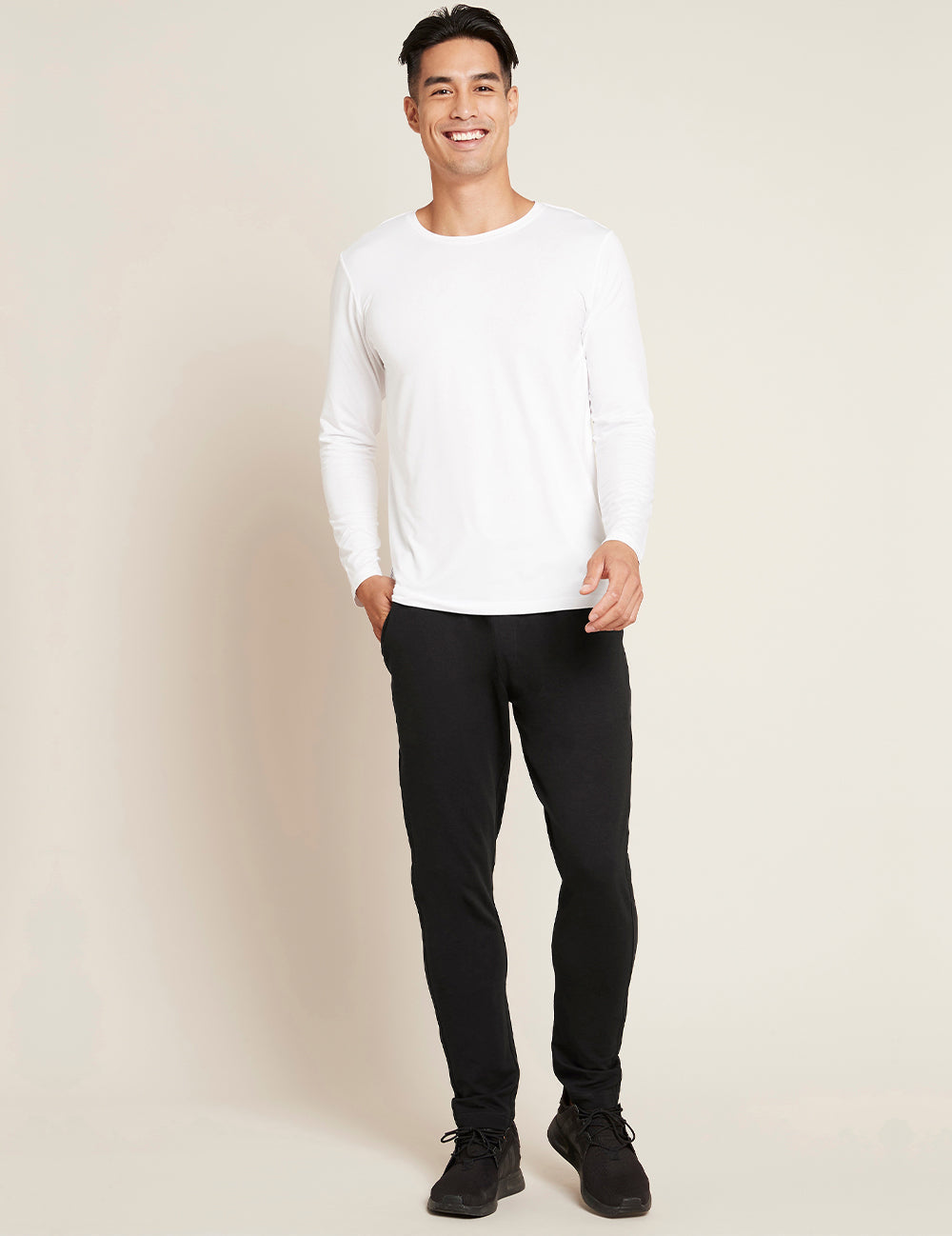 T-shirt med lange ærmer og rund hals til mænd – Hvid