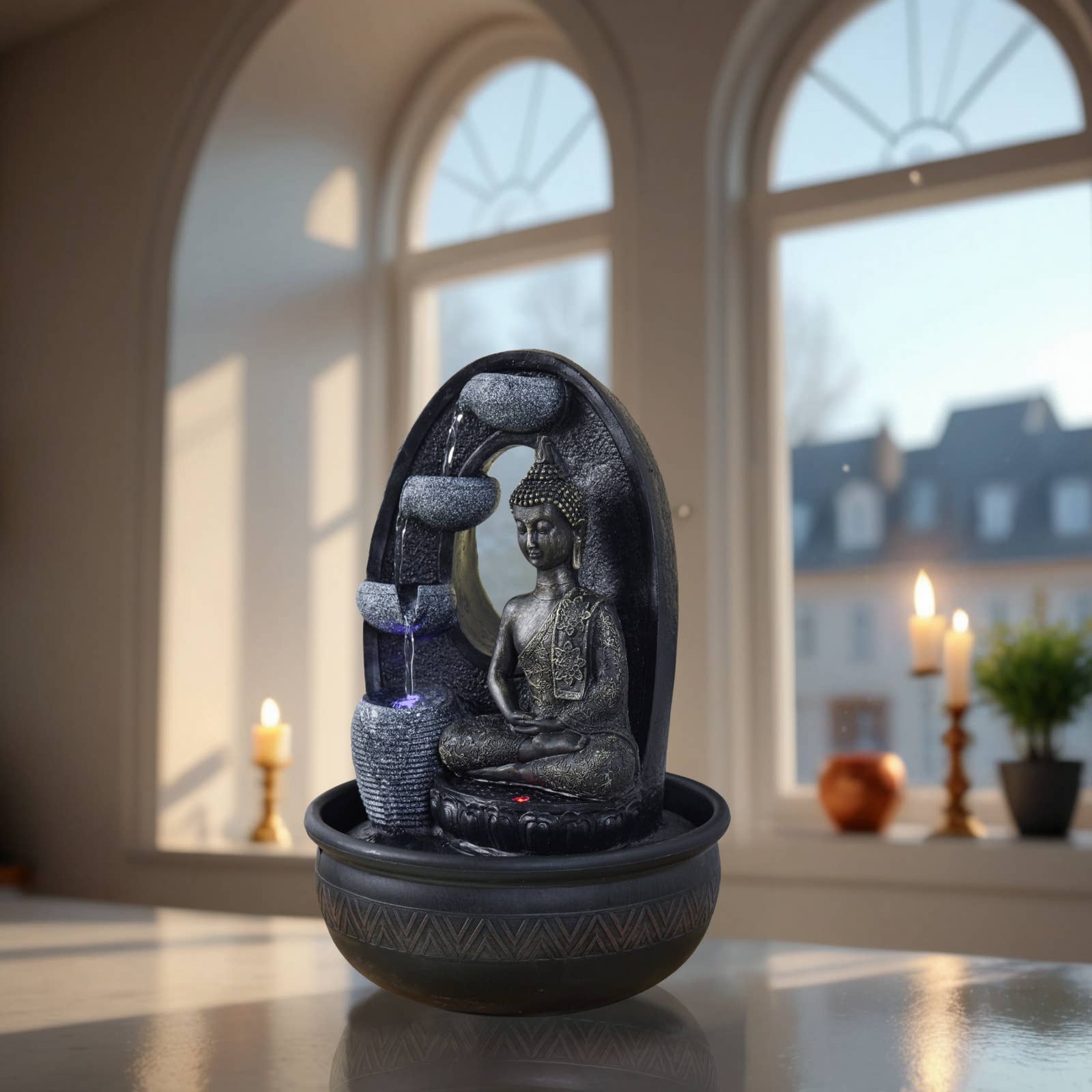 Zen'Arome Buddha-fontän med LED-ljus och lugnande vattenfall