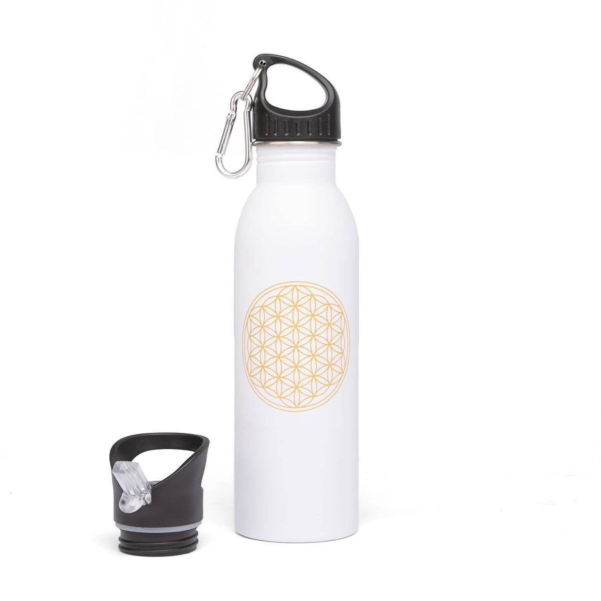 Bodynova vattenflaska 700 ml – vit med Livets blomma och två lock