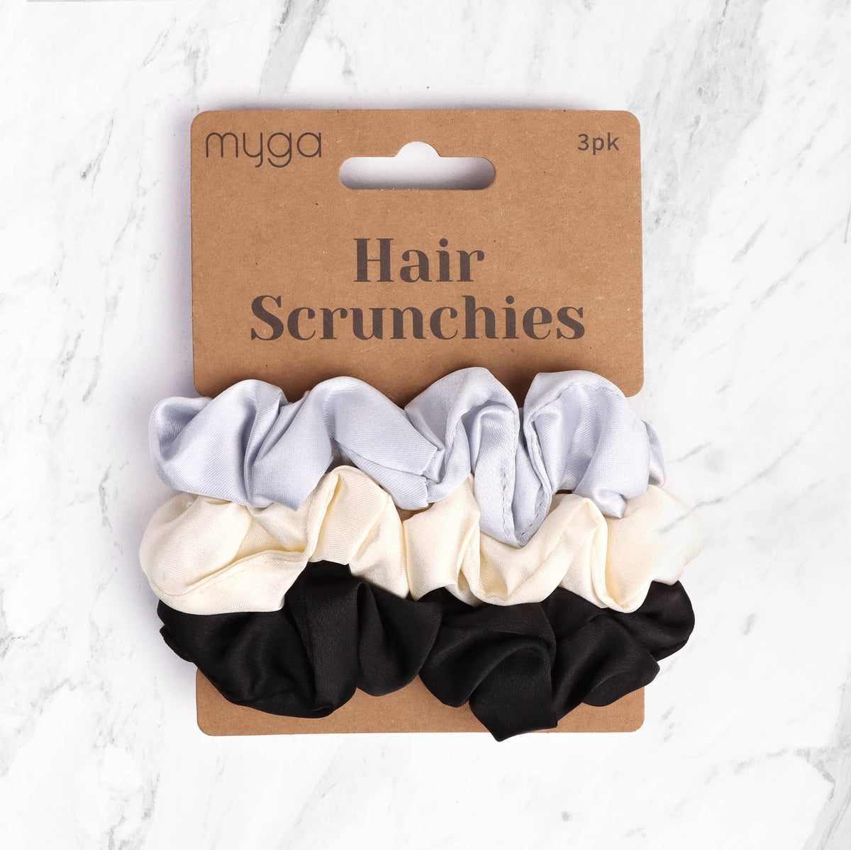 Myga scrunchies – 3 st. i silver, vitt och svart