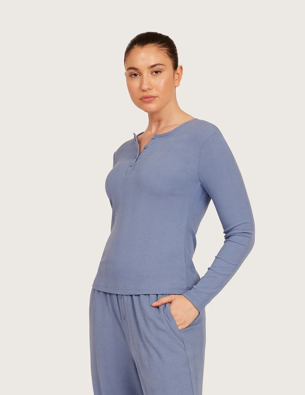 AiraRib™ langærmet Henley-top – Steel Blue – billede 3