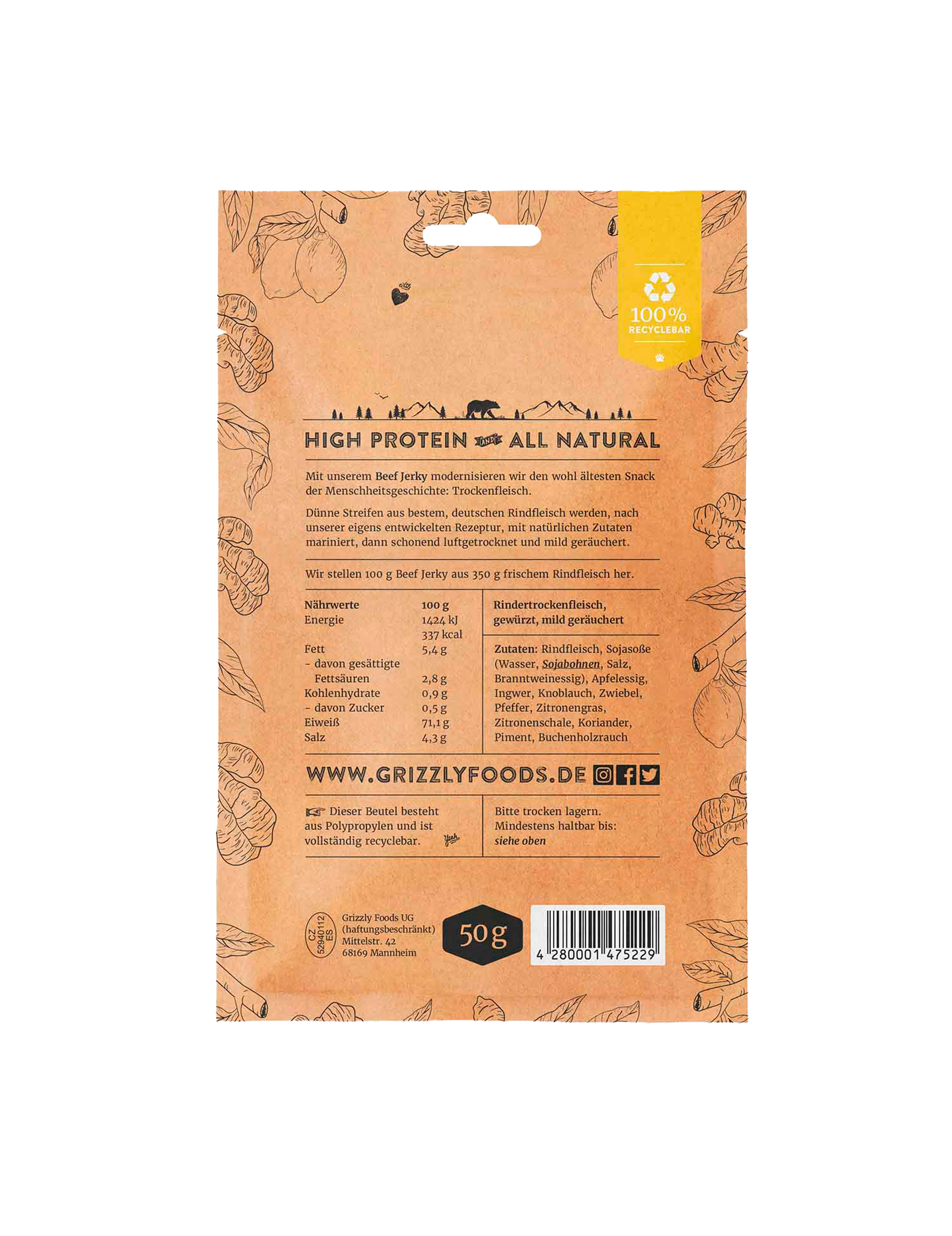 Beef Jerky med citron och ingefära (50 g)
