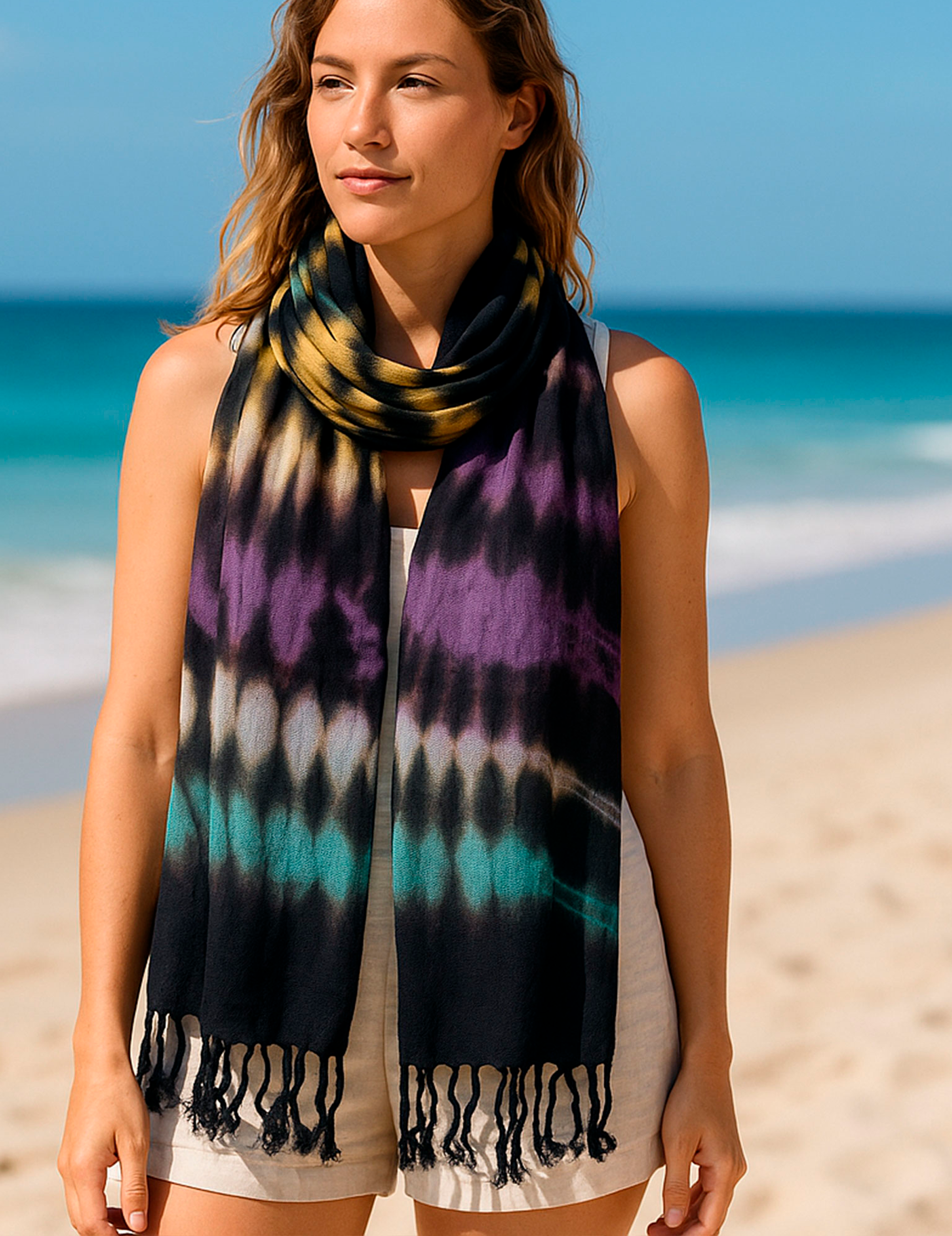 Handfärgad Bohème-halsduk i linneblandning – Multi Stripes (62 × 200 cm)