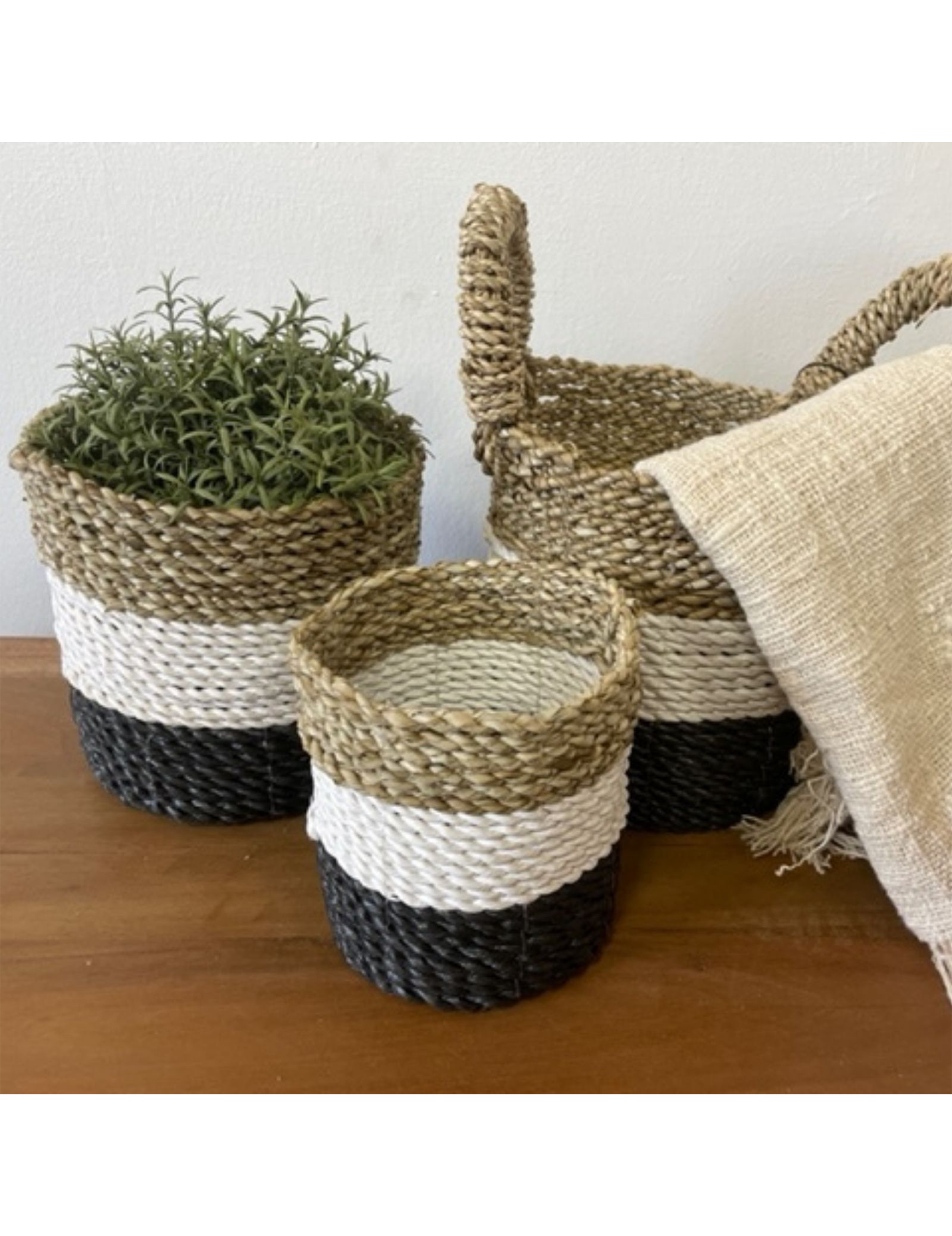 Korg av sjögräs – Natur/Vit/Grå (Set om 3)
