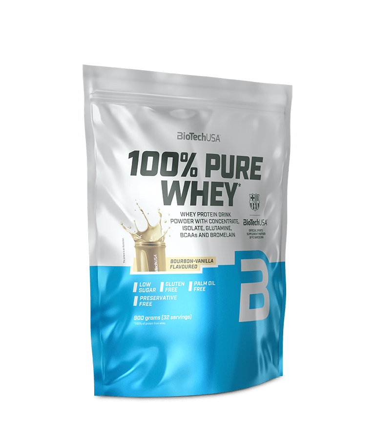 BioTechUSA 100% Pure Whey Protein 900 g med bourbonvaniljesmag, fritlagt pose