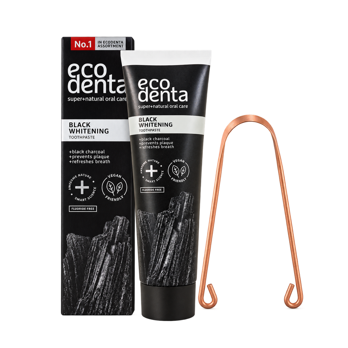EcoDenta Black Whitening tandpasta 100 ml med æske og Myga tungeskraber i kobber.