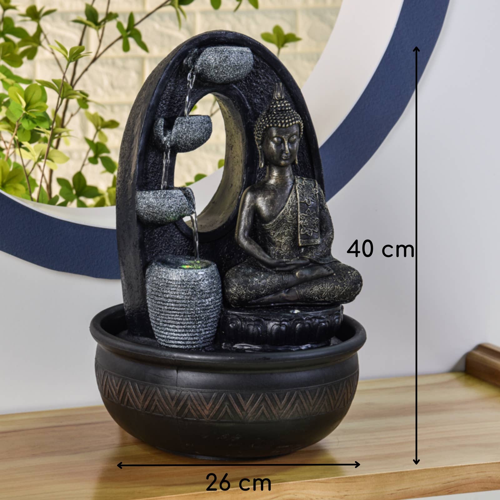Zen'Arome Buddha-fontän med LED-ljus och lugnande vattenfall