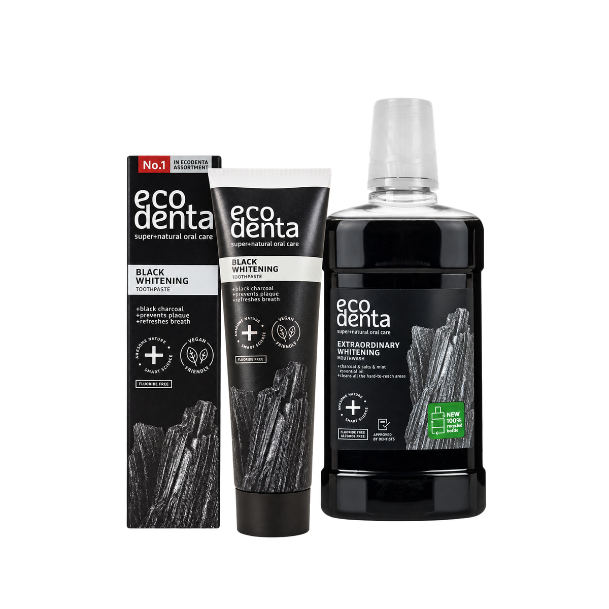 EcoDenta Black Whitening tandpasta 100 ml med æske og Extraordinary Whitening mundskyl 500 ml.