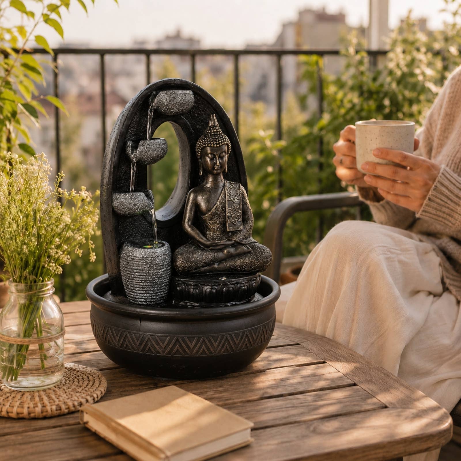 Zen'Arome Buddha-fontän med LED-ljus och lugnande vattenfall