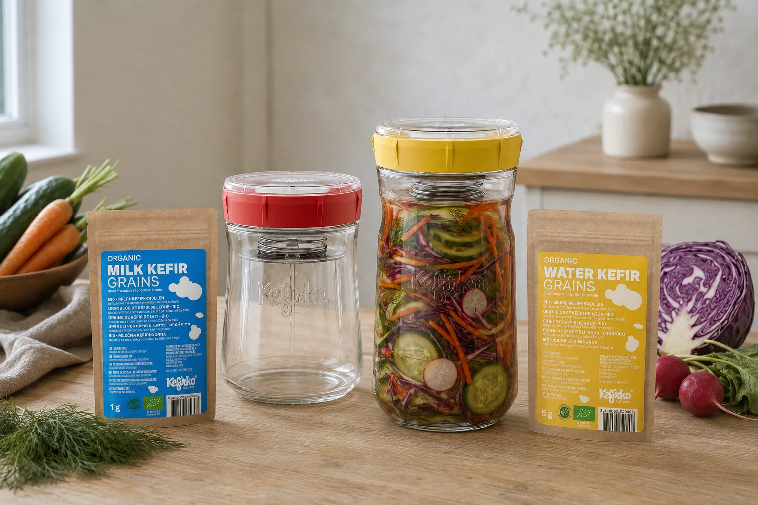 Kefirko-fermenteringsburkar med rött och gult lock, grönsaker samt påsar med mjölk- och vattenkefirgryn på ett ljust köksbord